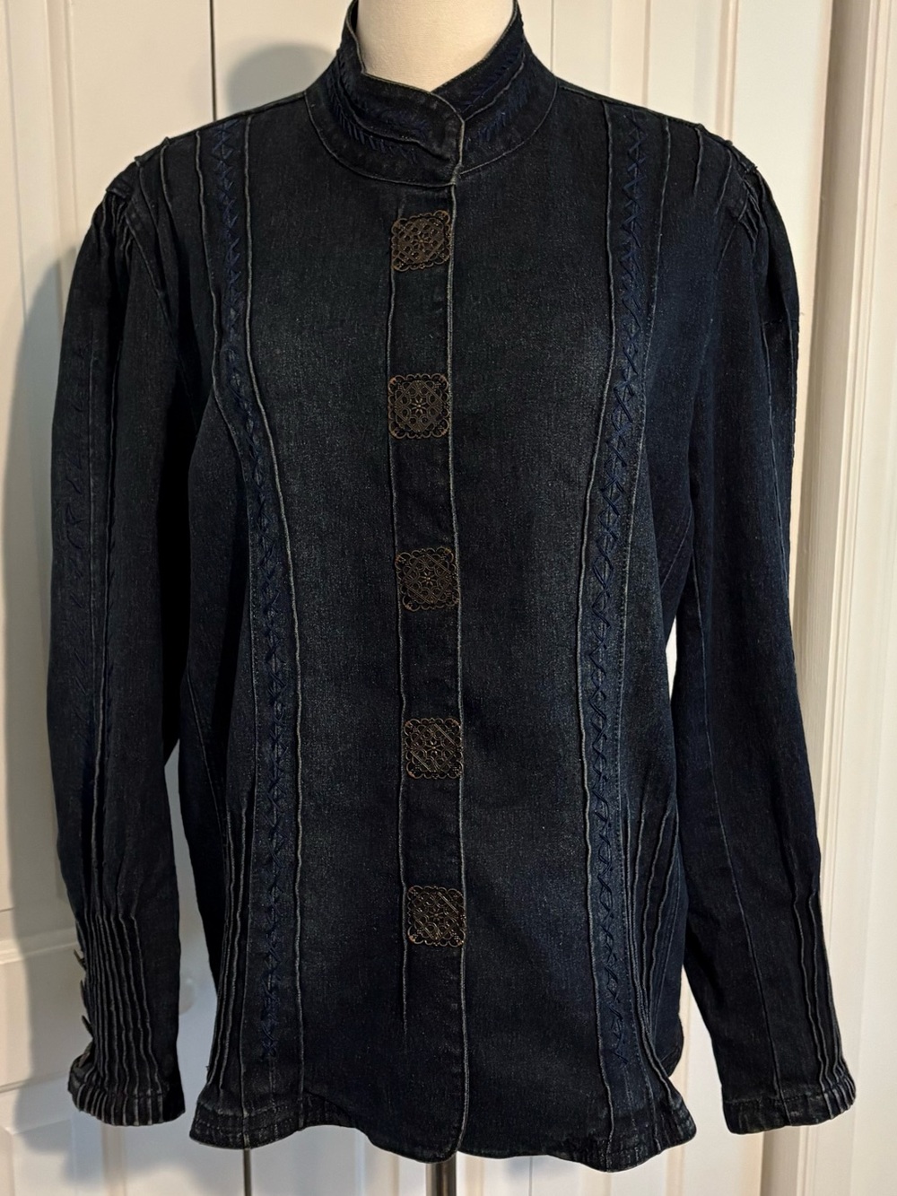 DIANE GILMAN Dark Navy Embroidered-Trim Jean Jacket